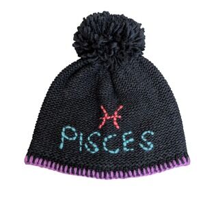 Echo Design Pisces Zodiac Black Knit Pom Pom Beanie Hat Wool Blend Purple Trim